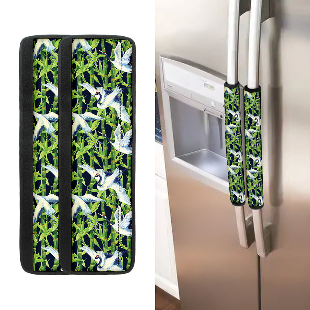 Watercolor Crane Bird Pattern Print Refrigerator Handle Covers