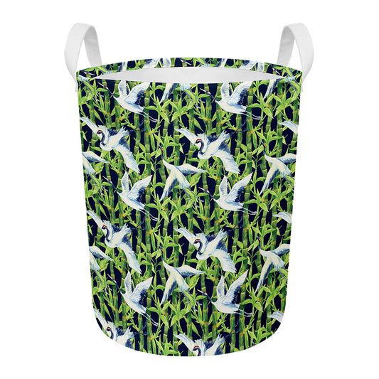 Watercolor Crane Bird Pattern Print Round Laundry Basket
