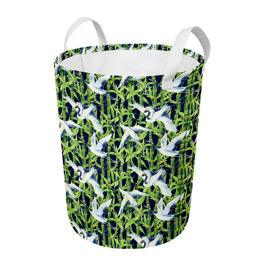 Watercolor Crane Bird Pattern Print Round Laundry Basket