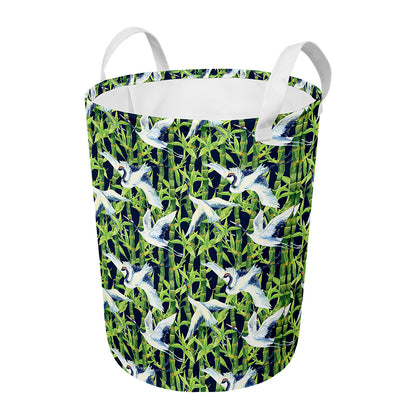 Watercolor Crane Bird Pattern Print Round Laundry Basket