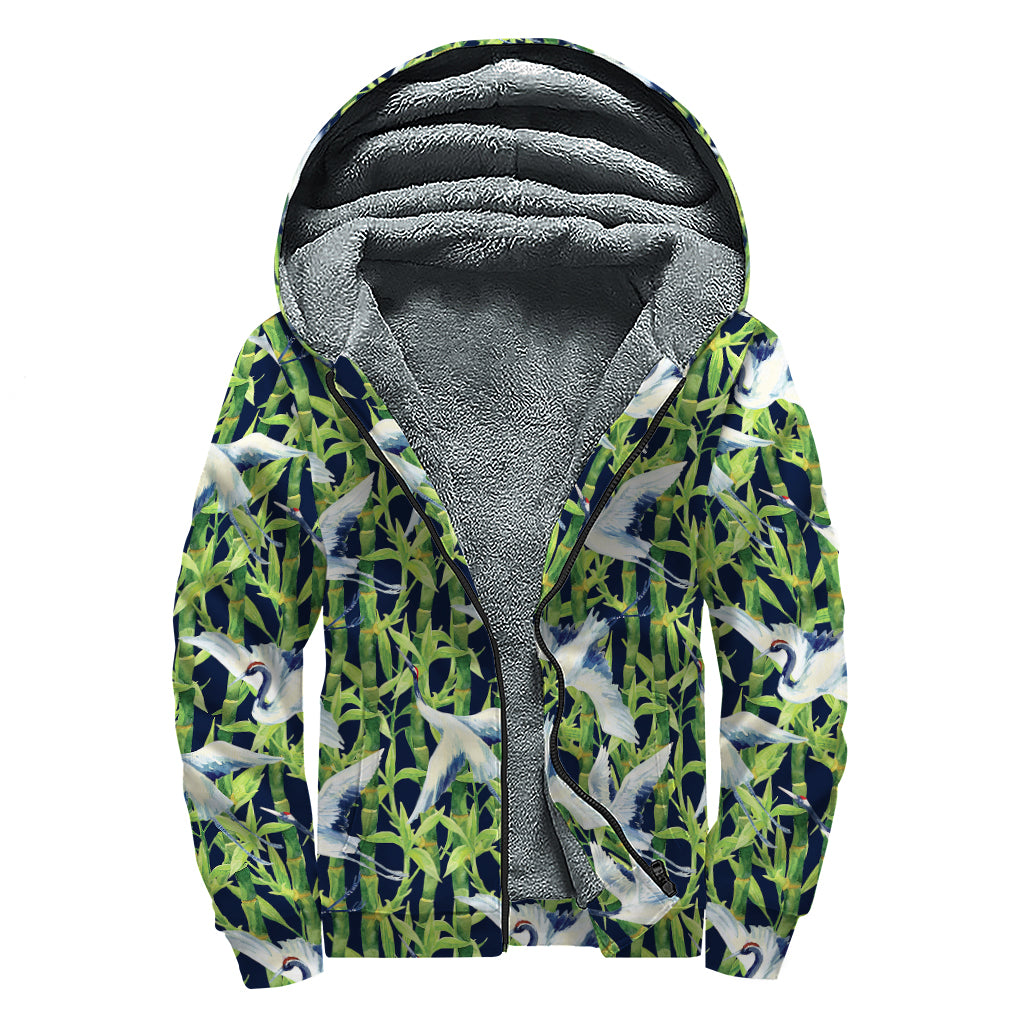 Watercolor Crane Bird Pattern Print Sherpa Lined Zip Up Hoodie