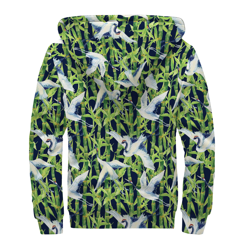 Watercolor Crane Bird Pattern Print Sherpa Lined Zip Up Hoodie