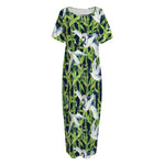 Watercolor Crane Bird Pattern Print Short Sleeve Long Nightdress
