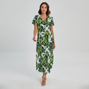 Watercolor Crane Bird Pattern Print Short Sleeve Maxi Dress