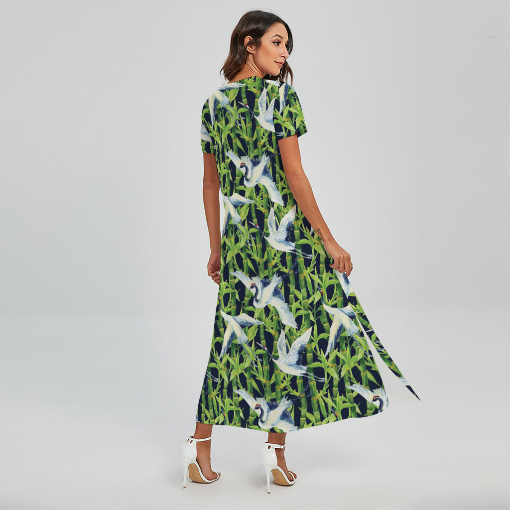 Watercolor Crane Bird Pattern Print Short Sleeve Maxi Dress