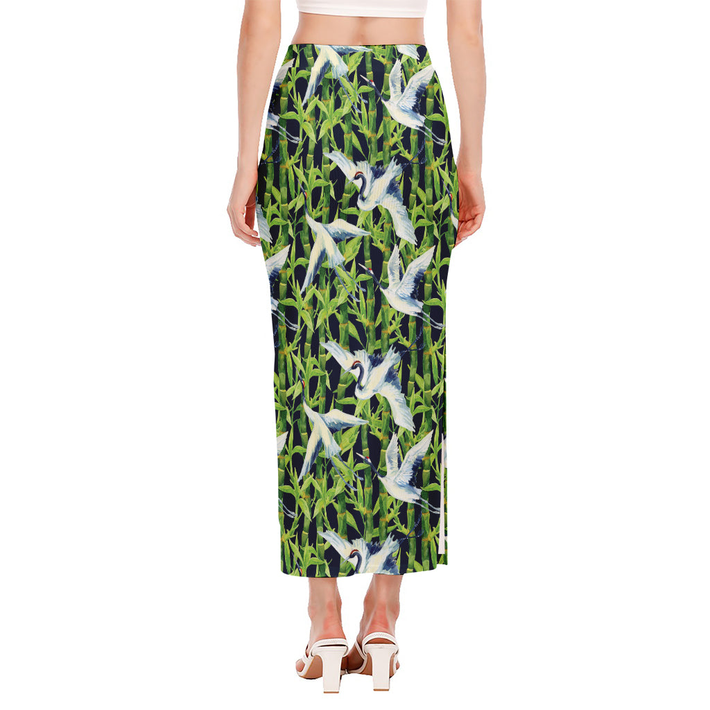 Watercolor Crane Bird Pattern Print Side Slit Maxi Skirt