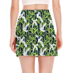 Watercolor Crane Bird Pattern Print Side Slit Mini Skirt