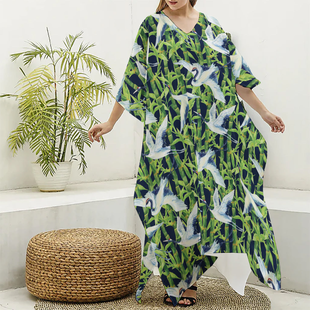 Watercolor Crane Bird Pattern Print Silk V-Neck Kaftan Dress