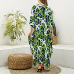 Watercolor Crane Bird Pattern Print Silk V-Neck Kaftan Dress