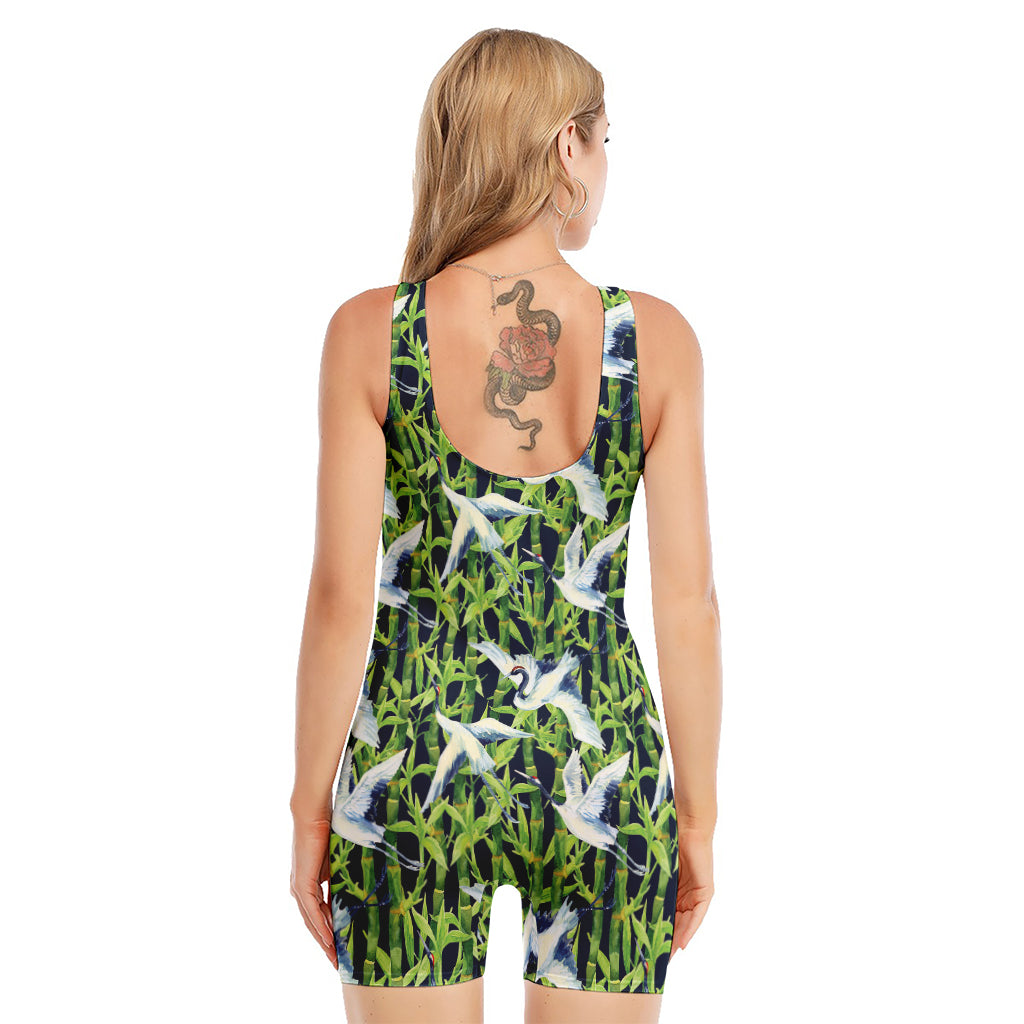 Watercolor Crane Bird Pattern Print Sleeveless One Piece Swimsuit