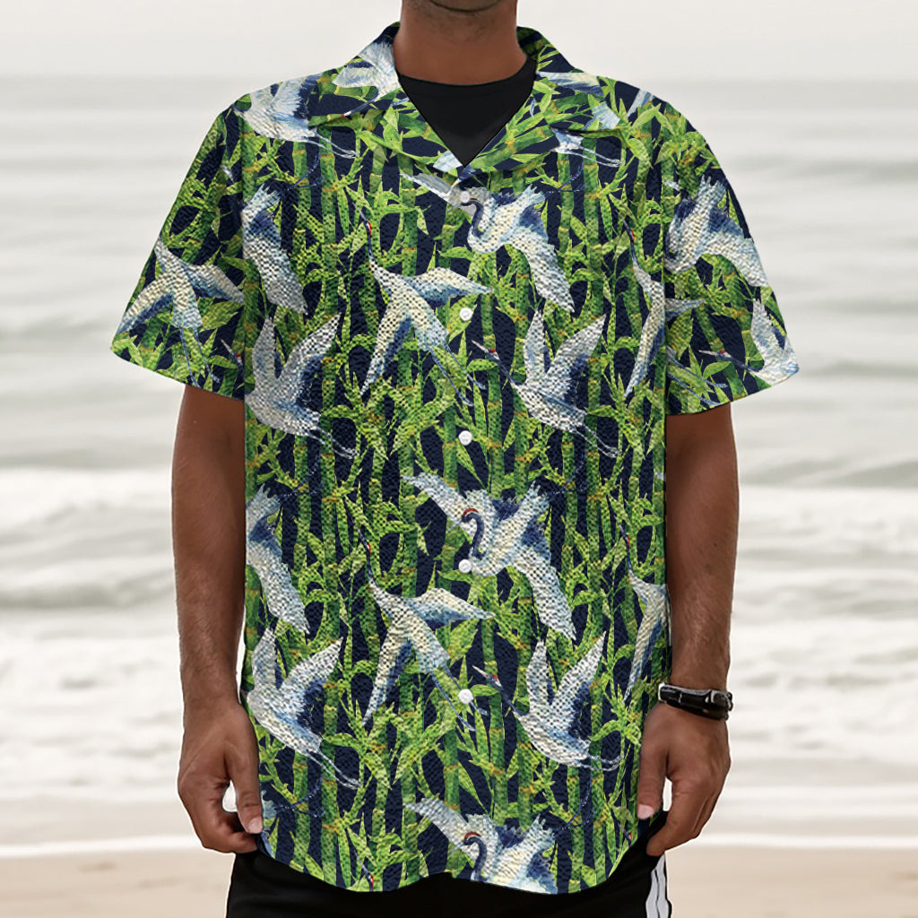 Watercolor Crane Bird Pattern Print Textured Short Sleeve Shirt