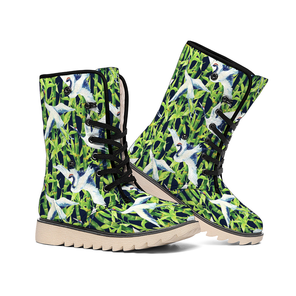 Watercolor Crane Bird Pattern Print Winter Boots