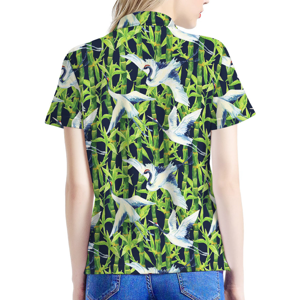 Watercolor Crane Bird Pattern Print Women's Polo Shirt