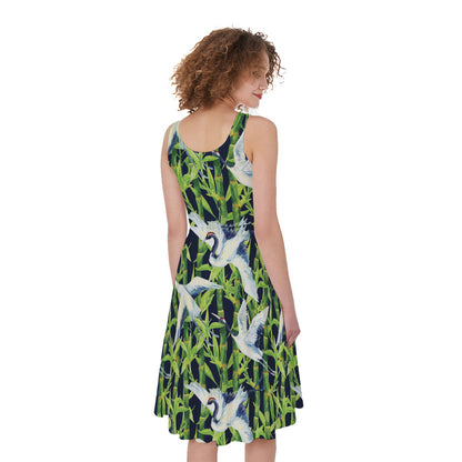 Watercolor Crane Bird Pattern Print Women's Sleeveless Dress