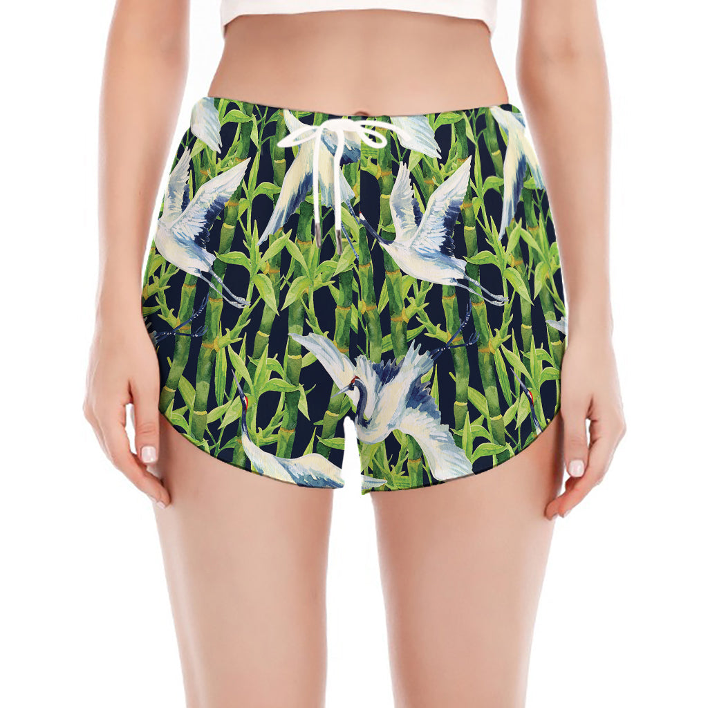 Watercolor Crane Bird Pattern Print Women's Split Running Shorts