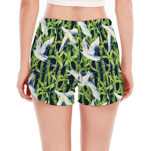 Watercolor Crane Bird Pattern Print Women's Split Running Shorts