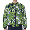 Watercolor Crane Bird Pattern Print Zip Sleeve Bomber Jacket