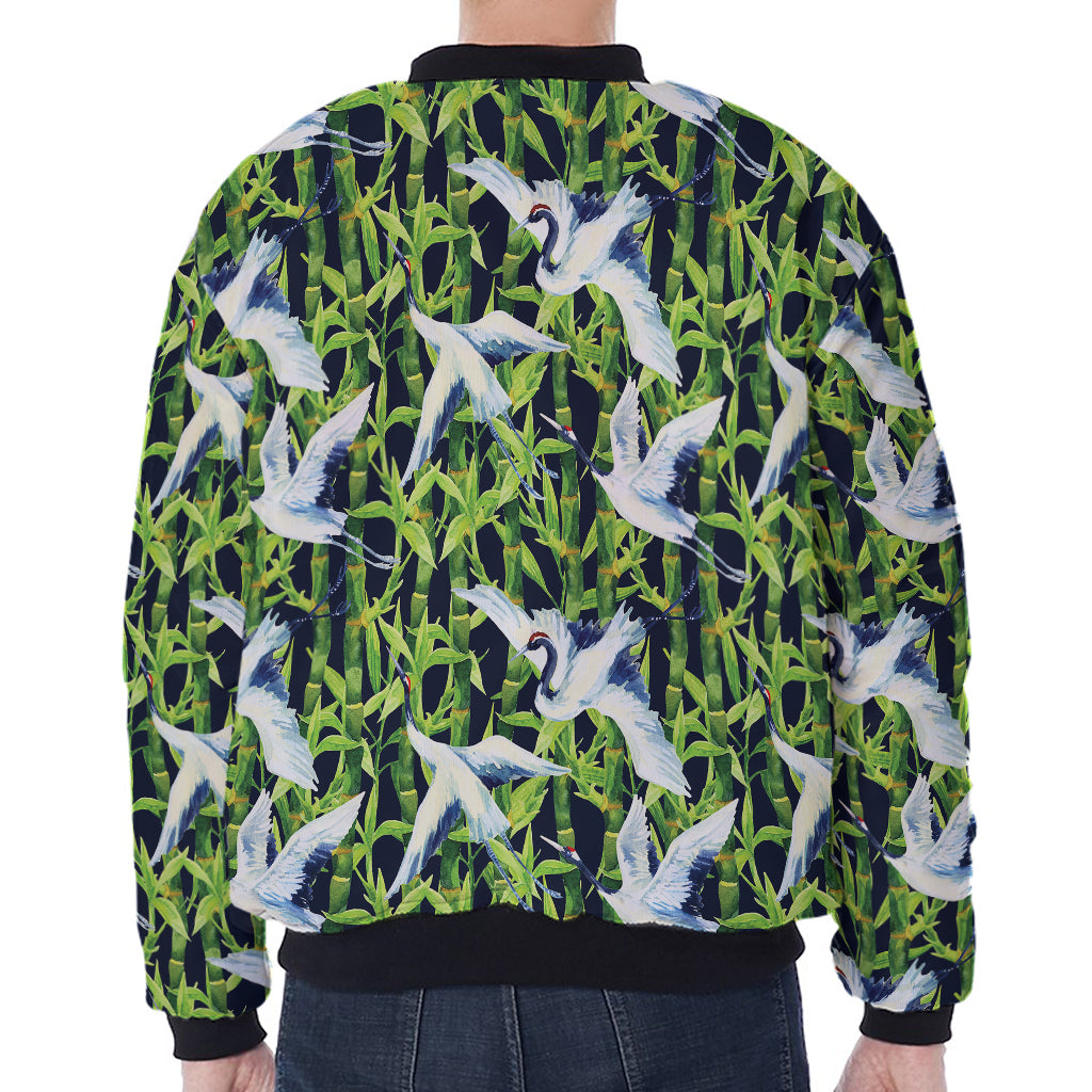 Watercolor Crane Bird Pattern Print Zip Sleeve Bomber Jacket