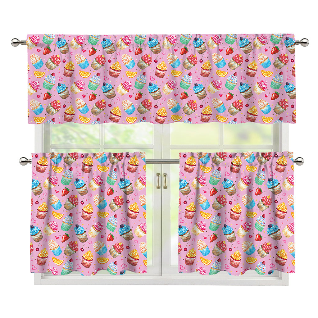 Watercolor Cupcake Pattern Print 3 Piece Kitchen Curtains