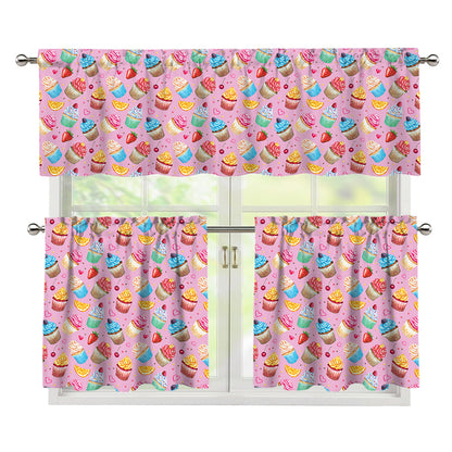 Watercolor Cupcake Pattern Print 3 Piece Kitchen Curtains