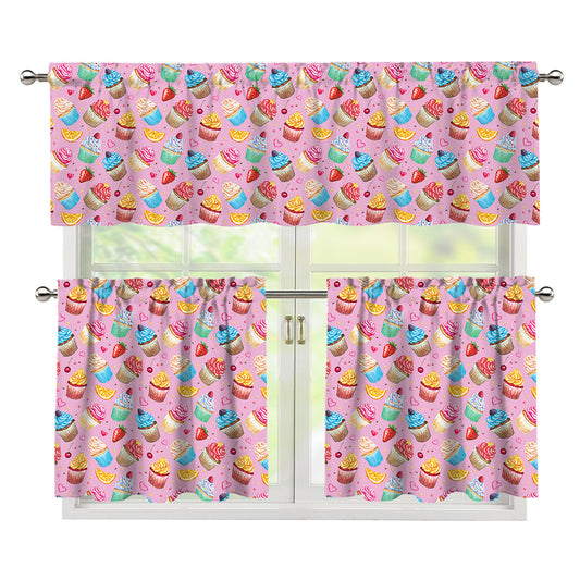 Watercolor Cupcake Pattern Print 3 Piece Kitchen Curtains