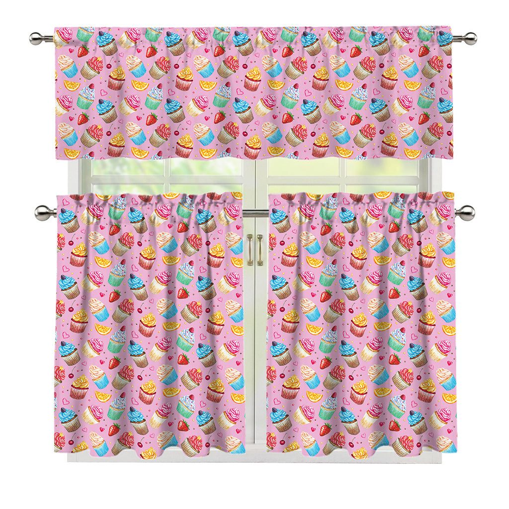 Watercolor Cupcake Pattern Print 3 Piece Kitchen Curtains