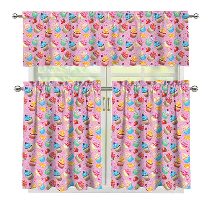 Watercolor Cupcake Pattern Print 3 Piece Kitchen Curtains