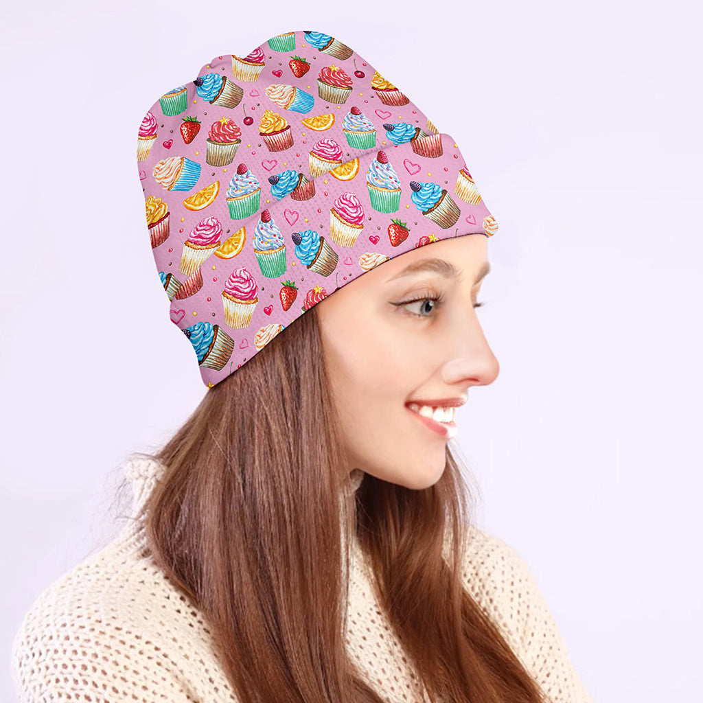 Watercolor Cupcake Pattern Print Beanie