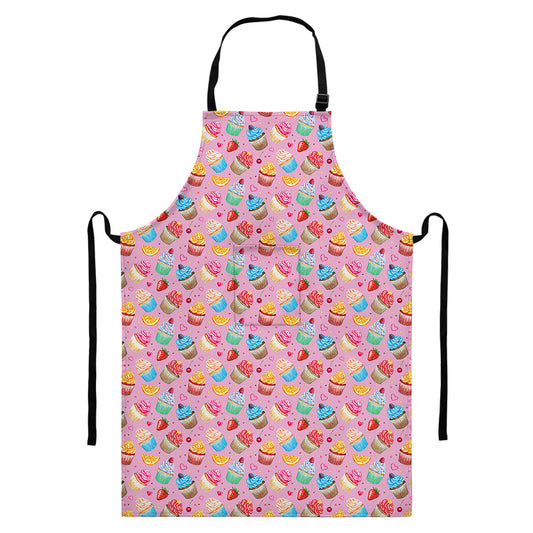 Watercolor Cupcake Pattern Print Bib Apron With Pocket