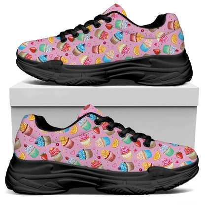 Watercolor Cupcake Pattern Print Black Chunky Shoes