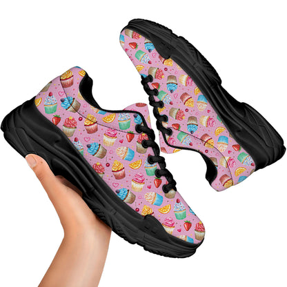 Watercolor Cupcake Pattern Print Black Chunky Shoes