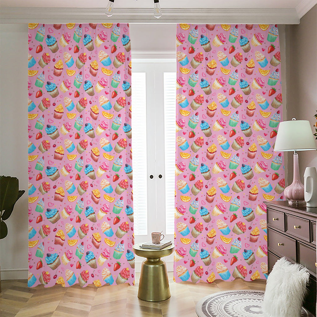 Watercolor Cupcake Pattern Print Blackout Pencil Pleat Curtains