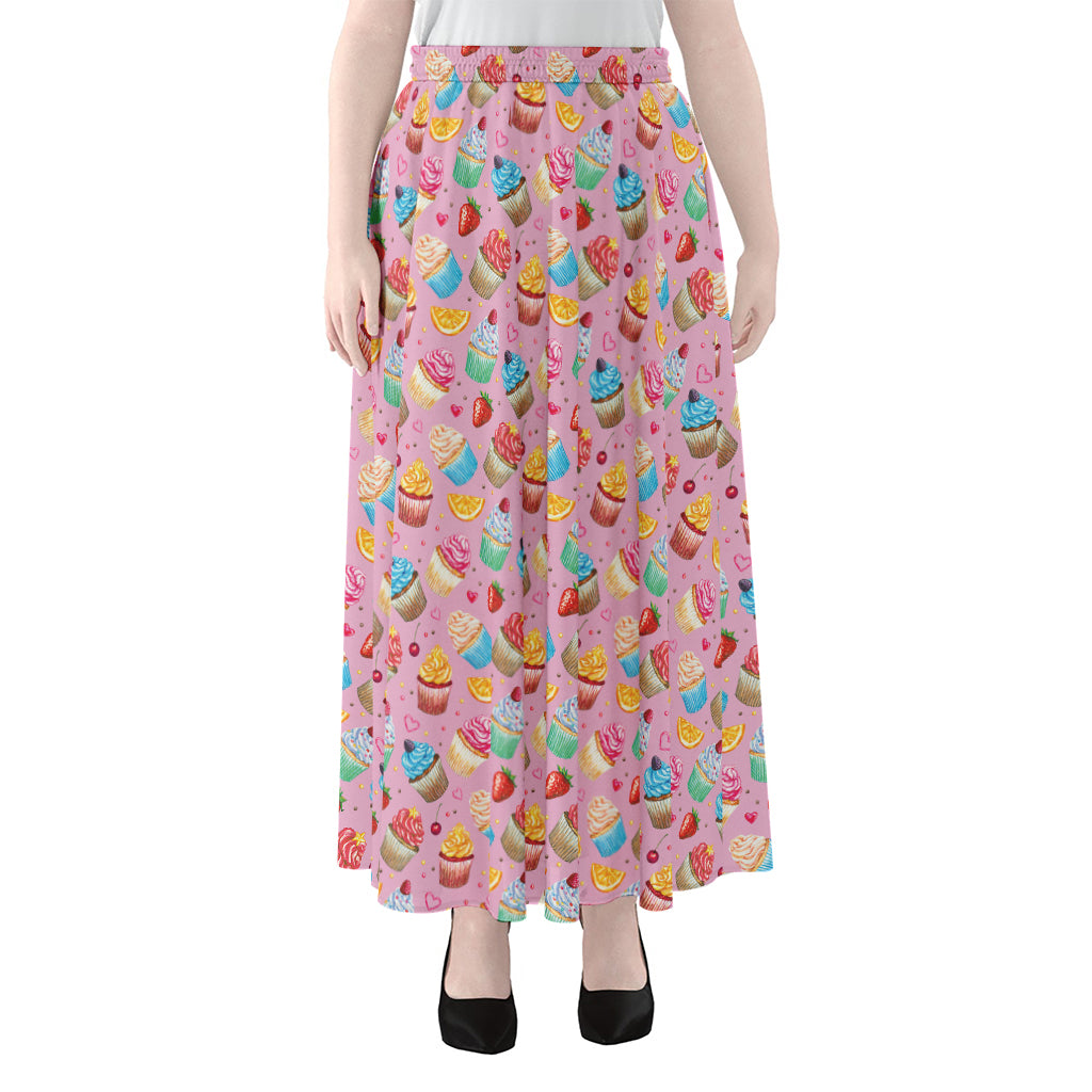 Watercolor Cupcake Pattern Print Chiffon Maxi Skirt