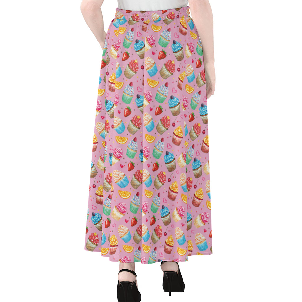 Watercolor Cupcake Pattern Print Chiffon Maxi Skirt