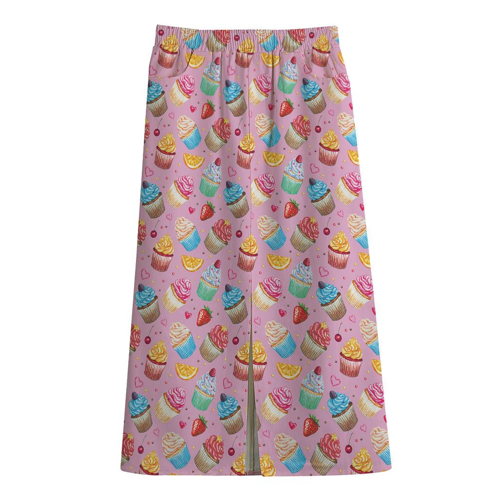 Watercolor Cupcake Pattern Print Cotton Front Slit Maxi Skirt