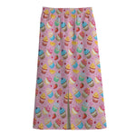 Watercolor Cupcake Pattern Print Cotton Front Slit Maxi Skirt