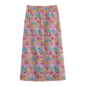 Watercolor Cupcake Pattern Print Cotton Front Slit Maxi Skirt