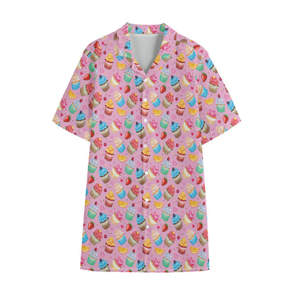 Watercolor Cupcake Pattern Print Cotton Hawaiian Shirt