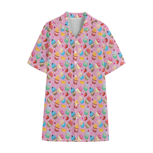 Watercolor Cupcake Pattern Print Cotton Hawaiian Shirt