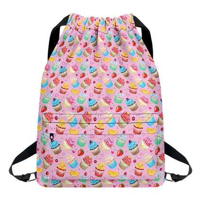 Watercolor Cupcake Pattern Print Drawstring Backpack