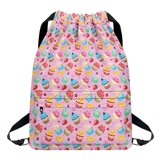 Watercolor Cupcake Pattern Print Drawstring Backpack