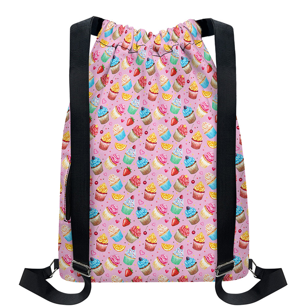 Watercolor Cupcake Pattern Print Drawstring Backpack