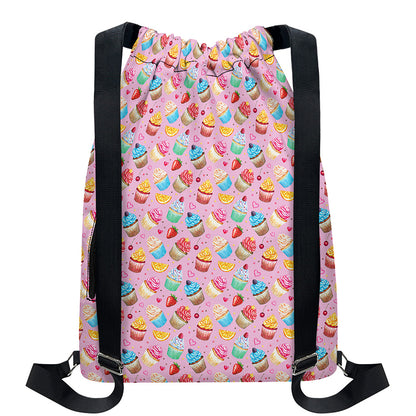 Watercolor Cupcake Pattern Print Drawstring Backpack