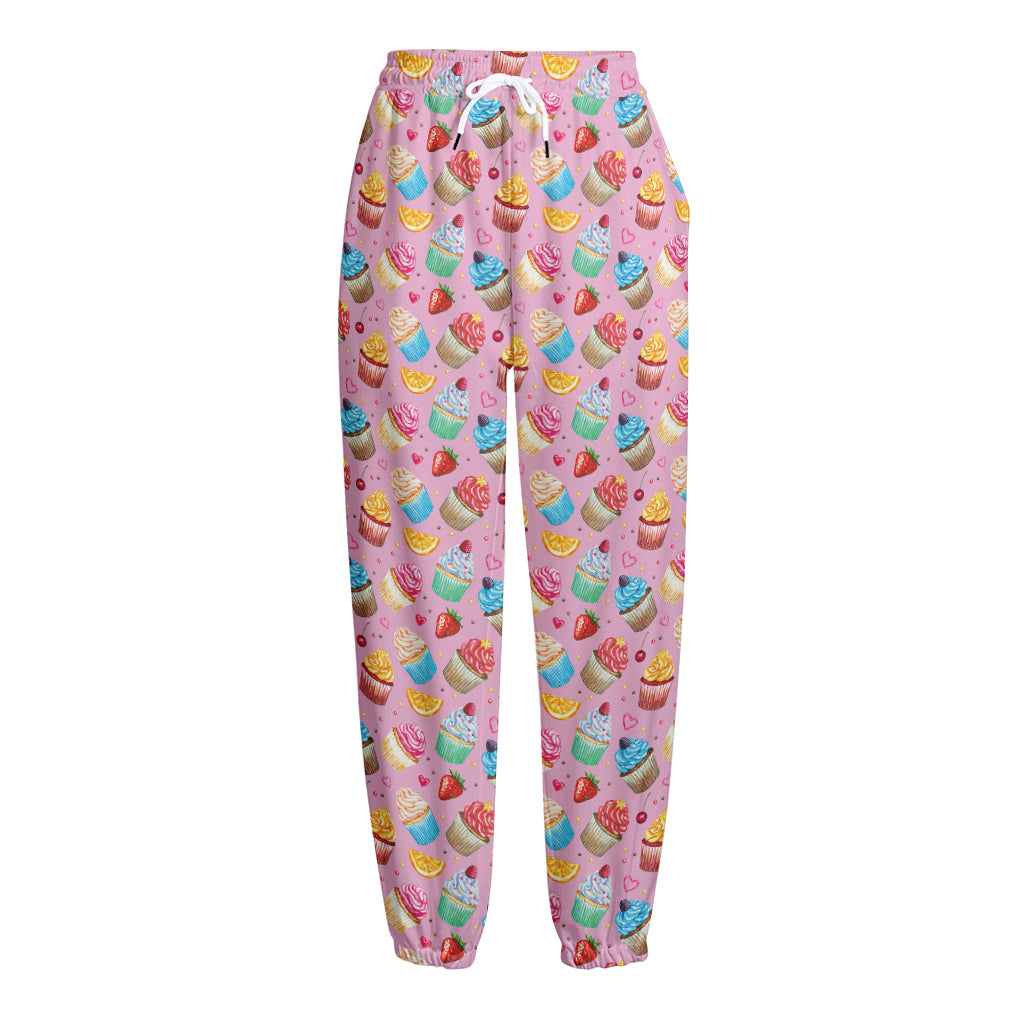 Watercolor Cupcake Pattern Print Fleece Lined Knit Pants
