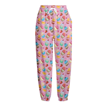 Watercolor Cupcake Pattern Print Fleece Lined Knit Pants