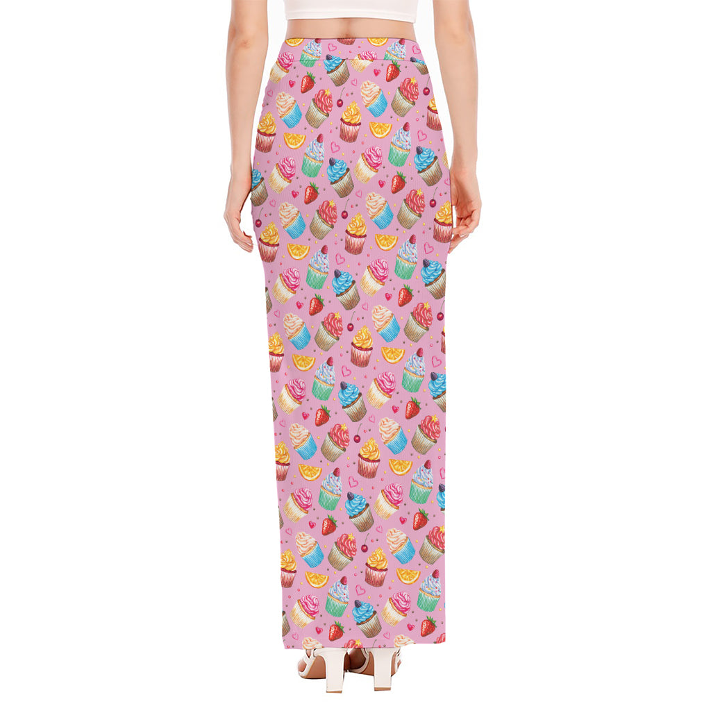 Watercolor Cupcake Pattern Print High Slit Maxi Skirt