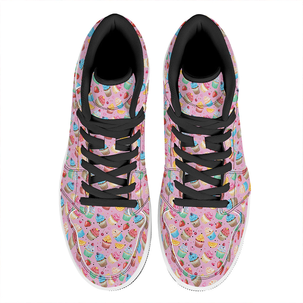 Watercolor Cupcake Pattern Print High Top Leather Sneakers