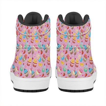 Watercolor Cupcake Pattern Print High Top Leather Sneakers