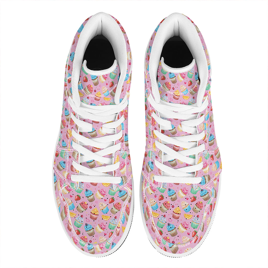 Watercolor Cupcake Pattern Print High Top Leather Sneakers