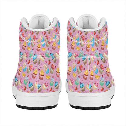 Watercolor Cupcake Pattern Print High Top Leather Sneakers